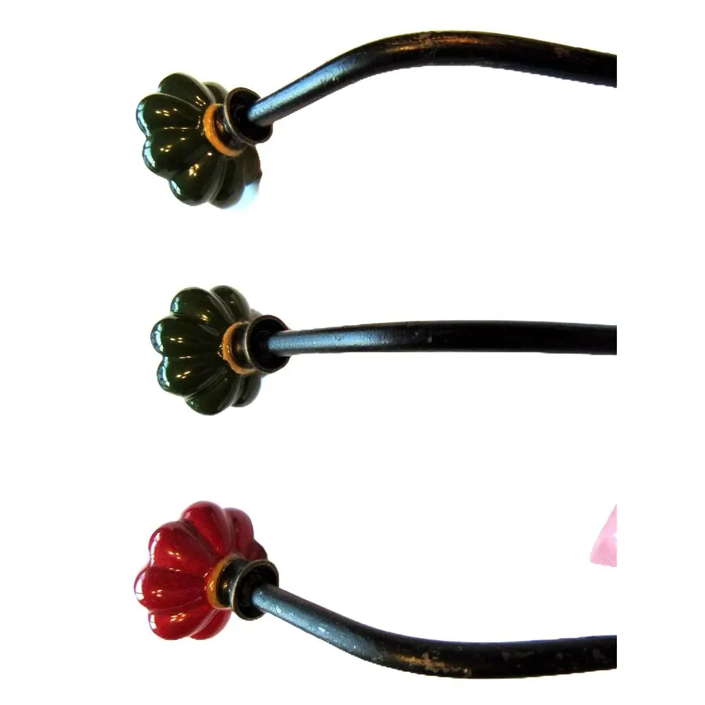 Metal hangers 3 wall hooks beautiful design green red melon ceramic knob 6-3/4in